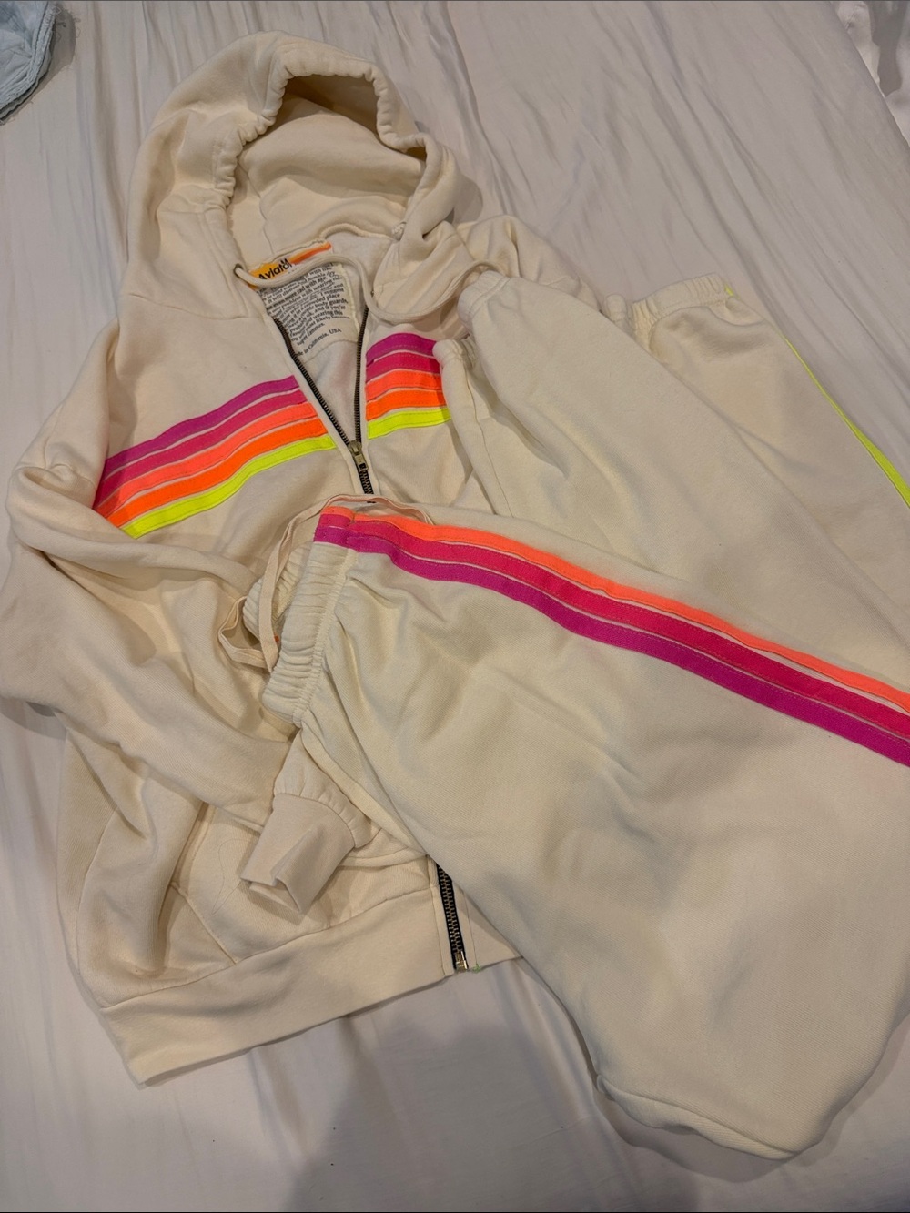 Aviator Nation Cream Zip Hoodie Vest with Neon Pink, Orange & Yellow Stripes